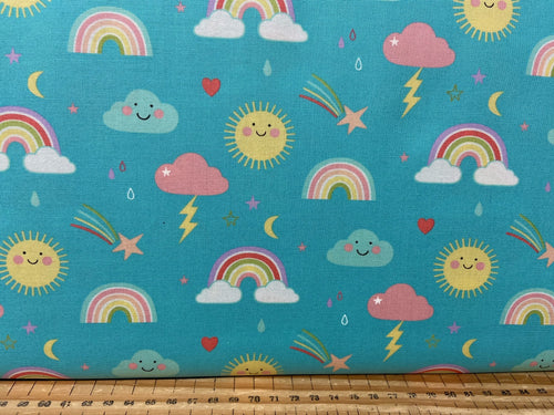 fabric shack sewing quilting sew fat quarter cotton patchwork quilt abi hall moda hello sunshine sunshine rainbow cloud aqua blue