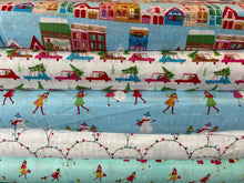 fabric shack sewing quilting sew fat quarter cotton patchwork quilt city snow snowman snowball girl shopping gifts presents houses cars trees street roofs rooftops