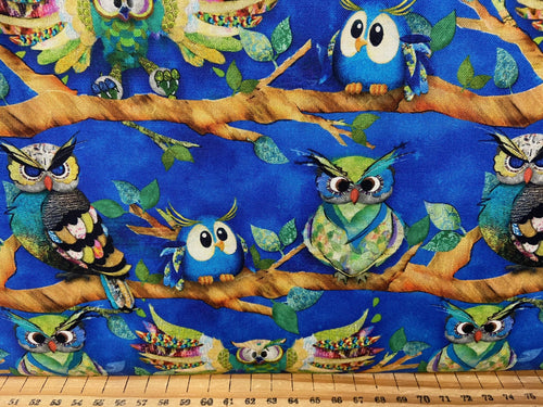 fabric shack sewing quilting sew fat quarter cotton patchwork quilt connie haley 3 three wishes panel go owl out night branch limb royal blue