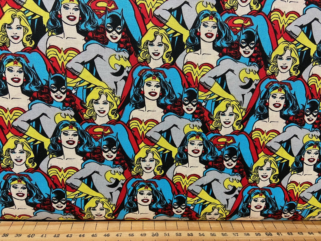 fabric shack sewing quilting sew fat quarter cotton patchwork quilt dc comics hero characters heroines wonderwoman wonder woman batgirl super girl stacked