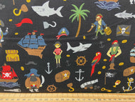 fabric shack sewing quilting sew fat quarter cotton patchwork quilt echo park riley blake pirate tales shark galleon ship jolly roger rum sea icons black