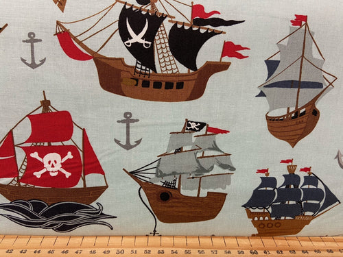 fabric shack sewing quilting sew fat quarter cotton patchwork quilt echo park riley blake pirate tales shark galleon ship jolly roger rum sea ship light blue