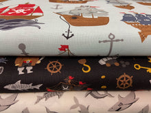 fabric shack sewing quilting sew fat quarter cotton patchwork quilt echo park riley blake pirate tales shark galleon ship jolly roger rum sea icons black