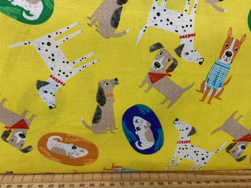 fabric shack sewing quilting sew fat quarter cotton patchwork quilt fabric editions best friends furever forever dogs puppy dog mutt dalmatian polka dot spots dogs yellow