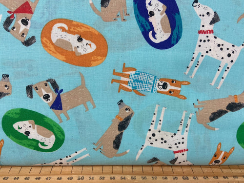 fabric shack sewing quilting sew fat quarter cotton patchwork quilt fabric editions best friends furever forever dogs puppy dog mutt dalmatian polka dot spots dogs yellow turquoise