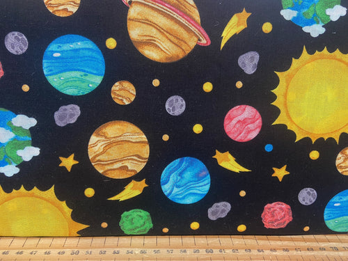 fabric shack sewing quilting sew fat quarter cotton patchwork quilt fabric editions galaxy quest space spaceman planets black