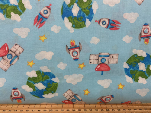 fabric shack sewing quilting sew fat quarter cotton patchwork quilt fabric editions galaxy quest space spaceman planets spaceships space ships earth satelitte sky blue