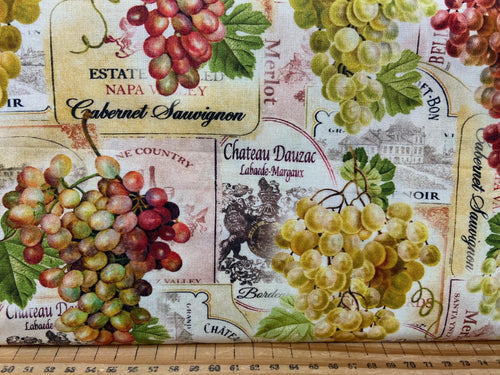 fabric shack sewing quilting sew fat quarter cotton patchwork quilt greta lynn kanvas studios cheers to you vintage wine labels and grapes