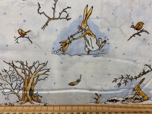 fabric shack sewing quilting sew fat quarter cotton patchwork quilt guess how much I love you snow winter nut brown hare woodland blue denim