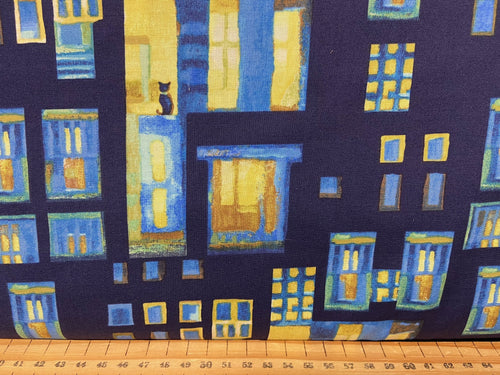 fabric shack sewing quilting sew fat quarter cotton patchwork quilt karen gillis taylor clothworks city lights abstract building flowers bright foliage cat panel cityscape blue house home 3