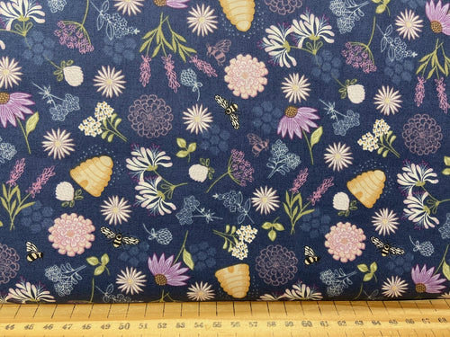 fabric shack sewing quilting sew fat quarter cotton patchwork quilt lewis and & irene queen bee beehive floral flowers dark blue