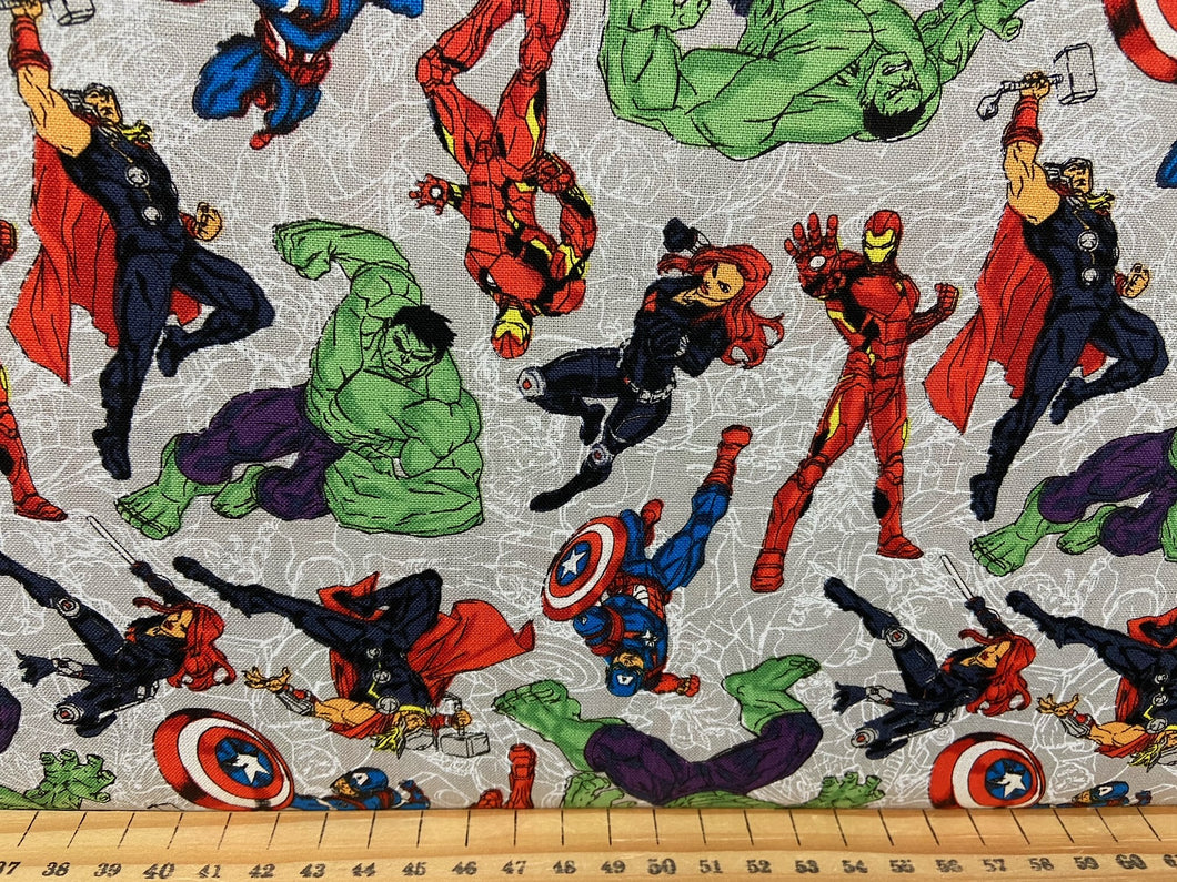 fabric shack sewing quilting sew fat quarter cotton patchwork quilt marvel characters avengers line art grey incredible hulk iron man black widow thor captain america