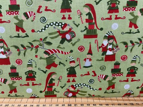 fabric shack sewing quilting sew fat quarter cotton patchwork quilt modern christmas moda basic grey gray christmas modern naughty & nice elves elf santa factory workshop
