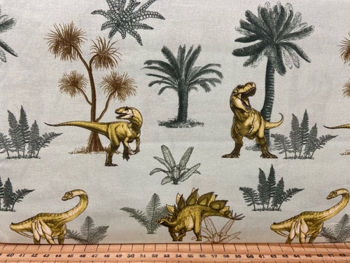 fabric shack sewing quilting sew fat quarter cotton patchwork quilt panel natural history museum age of the dinosaurs map t-rex triceratops diplodocus brontesaurus light green