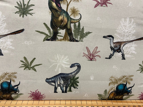 fabric shack sewing quilting sew fat quarter cotton patchwork quilt panel natural history museum age of the dinosaurs map t-rex triceratops diplodocus brontesaurus light grey
