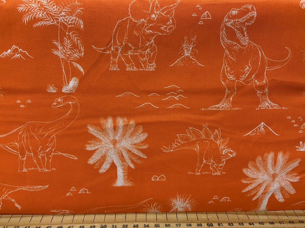 fabric shack sewing quilting sew fat quarter cotton patchwork quilt panel natural history museum age of the dinosaurs map t-rex triceratops diplodocus brontesaurus outlines orange