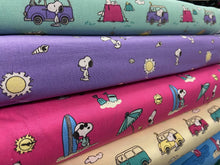 fabric shack sewing quilting sew fat quarter cotton patchwork quilt peanuts holiday summer snoopy woodstock sunshine strollin sun shell purple