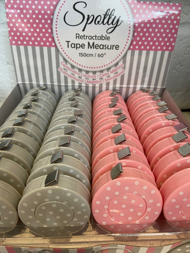 fabric shack sewing quilting sew fat quarter cotton patchwork quilt retractable tape measures 150cm imperial metric spotty spots polka dots pink grey novelty