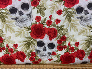 fabric shack sewing quilting sew fat quarter cotton patchwork quilt skulls skull carnation ivory red skeleton flowers floral gothic goth halloween