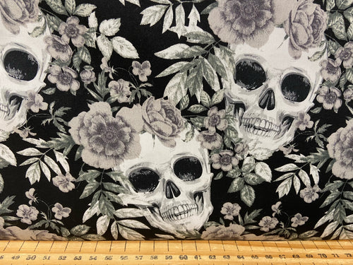 fabric shack sewing quilting sew fat quarter cotton patchwork quilt skulls skull carnation monochrome black white skeleton flowers floral gothic goth halloween