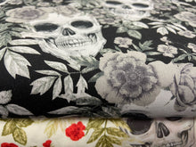 fabric shack sewing quilting sew fat quarter cotton patchwork quilt skulls skull carnation ivory red skeleton flowers floral gothic goth halloween