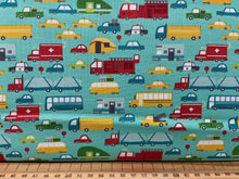 fabric shack sewing quilting sew fat quarter cotton patchwork quilt stacy iest hse moda on the go cars trucks ambulance police car lorry teal jet stream