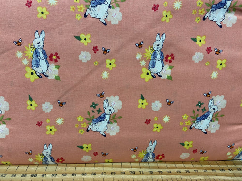 fabric shack sewing quilting sew fat quarter cotton quilt beatrix potter peter rabbit spring flowers wreath pink lemon white bumble bee butterfly 4