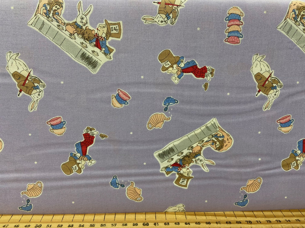 fabric shack sewing quilting sew fat quarter cotton quilt patchwork alice in wonderland alices adventures mad hatters tea party dormouse purple
