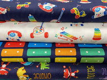 fabric shack sewing quilting sew fat quarter cotton quilt patchwork mattel fisher price toys xylophone telephone hoops pull along dog frog crocodile tiger colours lion elephant navy blue white 2