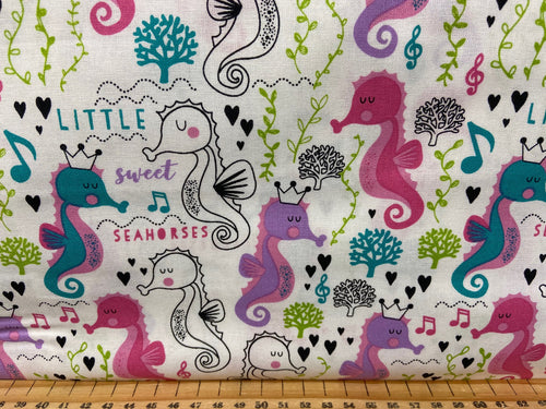 fabric shack sewing quilting sew fat quarter cotton quilt sweet little seahorses sea horses hearts pink black be more seahorse under the sea 3
