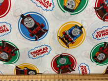 fabric shack sewing quilting sew fat quarter cotton quilt thomas the tank engine thomas and friends classic train rail railway choo choo percy badges whiteT