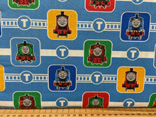 fabric shack sewing quilting sew fat quarter cotton quilt thomas the tank engine thomas and friends classic train rail railway choo choo percy character blocks light blue