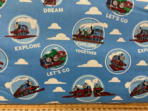 fabric shack sewing quilting sew fat quarter cotton quilt thomas the tank engine thomas and friends classic train rail railway choo choo percy badges white