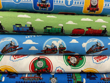 fabric shack sewing quilting sew fat quarter cotton quilt thomas the tank engine thomas and friends classic train rail railway choo choo percy character blocks light blue