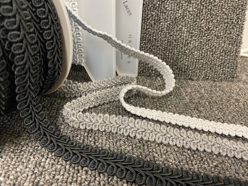 gimp gimped braid plait trim stephanoise 15mm mid light silver grey black fabric shack malmesbury