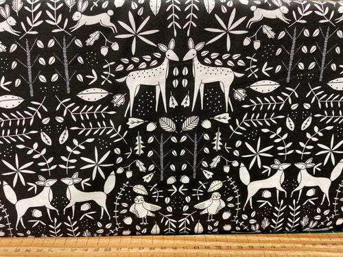 gingiber moda nocturnal woodland animals owl fox bear hare mirror deer black cotton fabric shack malmesbury