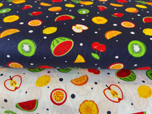 fabric shack sewing quilting sew fat quarter cotton patchwork quilt rose & and hubble tooti fruiti fruit apple pineapple melon passion fruit strawberry strawberries cherry cherries lemon orange white ivory navy blue