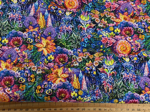 josephine wall 3 wishes astral voyage cosmic village cotton fabric shack malmesbury fairy rainbow star flowers floral cosmic village
