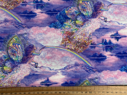 josephine wall 3 wishes astral voyage cosmic village cotton fabric shack malmesbury fairy rainbow star flowers floral painting rainbows