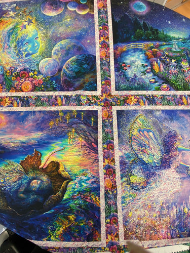 josephine wall 3 wishes astral voyage cosmic village cotton fabric shack malmesbury fairy rainbow star flowers floral panel