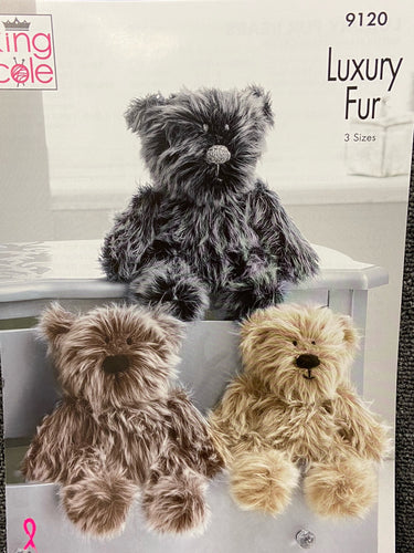 King Cole Luxury Long Pile Fur Teddy Bear Soft Toy Knitting Pattern 9120