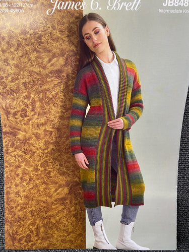 ladies cardigan long coat jacket aurora double knit dk knitting pattern james c brett wool yarn fabric shack malmesbury jb848