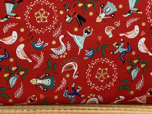 lewis & and irene 12 twelve days of christmas holidays lords a leaping red gold metallic cotton fabric shack malmesbury 3