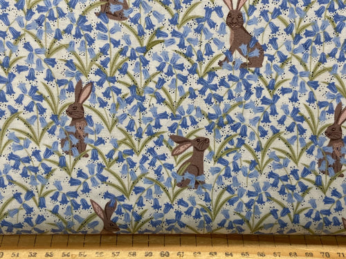 lewis & and irene bluebell wood reloved flowers floral hare hares rabbit cream cotton fabric shack malmesbury