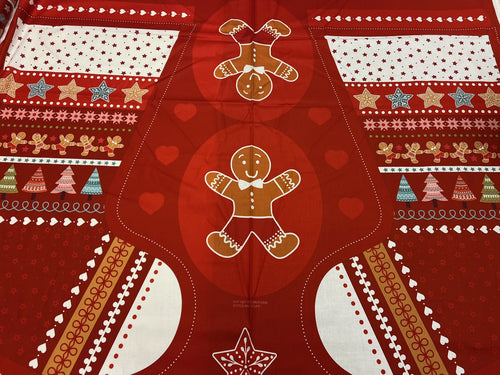 lewis & and irene gingerbread ginger bread season people men man biscuits red giant stocking panel cotton fabric shack malmesbury 2