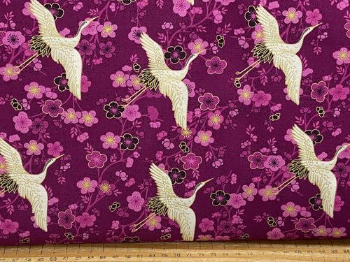 makower hikari chinese japanese metallic gold fat quarter cotton fabric shack malmesbury crane bird purple flowers floral