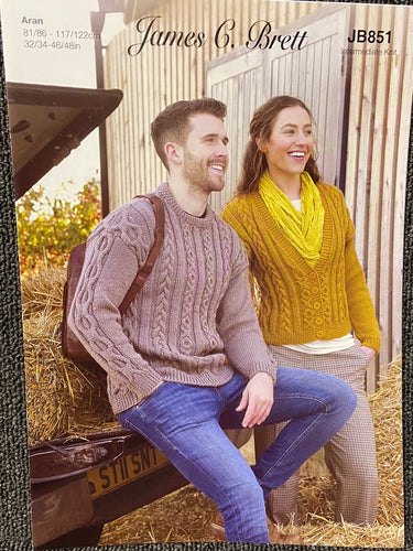 men ladies jumper sweater croftland aran knitting pattern james c brett wool yarn fabric shack malmesbury jb851