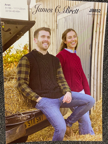 men ladies jumper sweater tank top croftland aran knitting pattern james c brett wool yarn fabric shack malmesbury jb852
