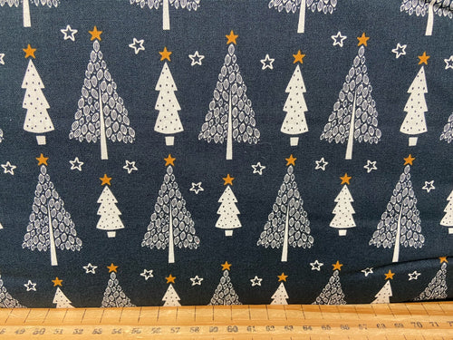navy blue white christmas trees cotton fabric shack malmesbury