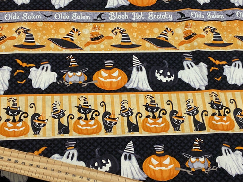 old salems black hat society shelley comiskey henry glass halloween cotton fabric shack malmesbury strips border ghost pumpkin witch witches hat bat owl 2